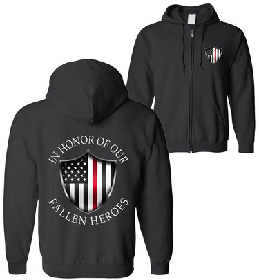 In Honor Of Our Fallen Fireman ZIP-UP Hoodie Sweatshirt | Thin Red Line American Flag Hoodie | Aggressive Thread Patriotic Apparel